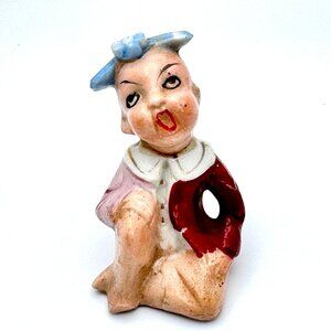 Hand-Painted Japanese Pixie Porcelain Figurine Blue Bow Red Coat Vtg Dragonfly